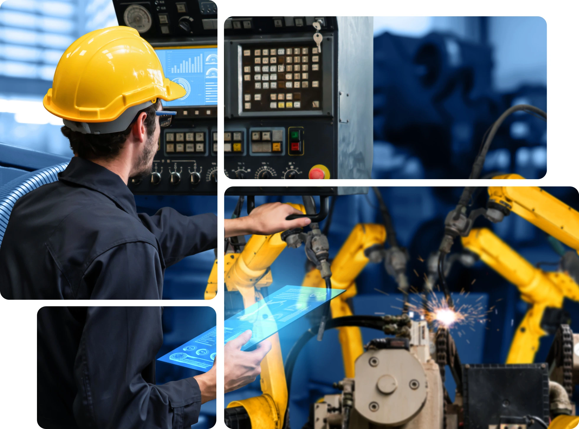 A collage of images showing a worker working on a machine.