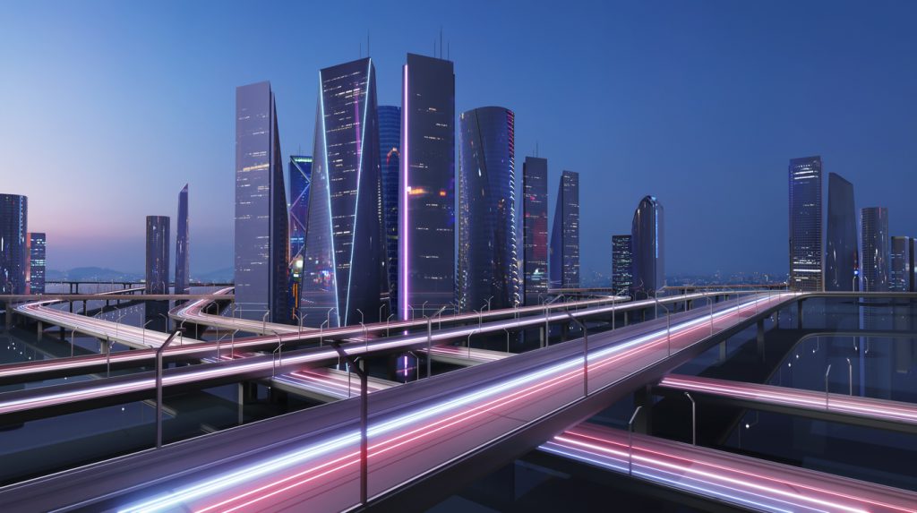 Futuristic cityscape at dusk with illuminated skyscrapers and multilayered traffic highways showing dynamic light trails of moving vehicles.