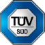 Logo of tüv süd featuring a blue and white hexagonal design with the text "tüv süd" prominently displayed in the center.